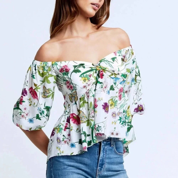 L'AGENCE Tops - L'agence Elena Off-The-Shoulder 100% Silk Blouse White Multi Botanical Floral XS